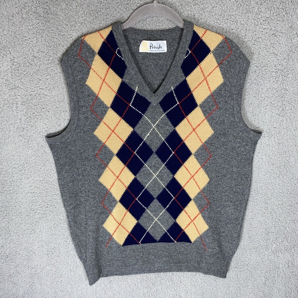 Vtg Pringle of Scotland Vest Mens 42" Argyle V Neck Made in Scotland